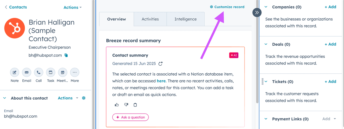 Edit record customization in HubSpot