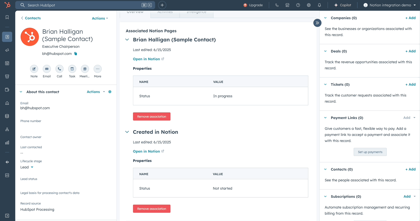 Removing association between Notion page and HubSpot record